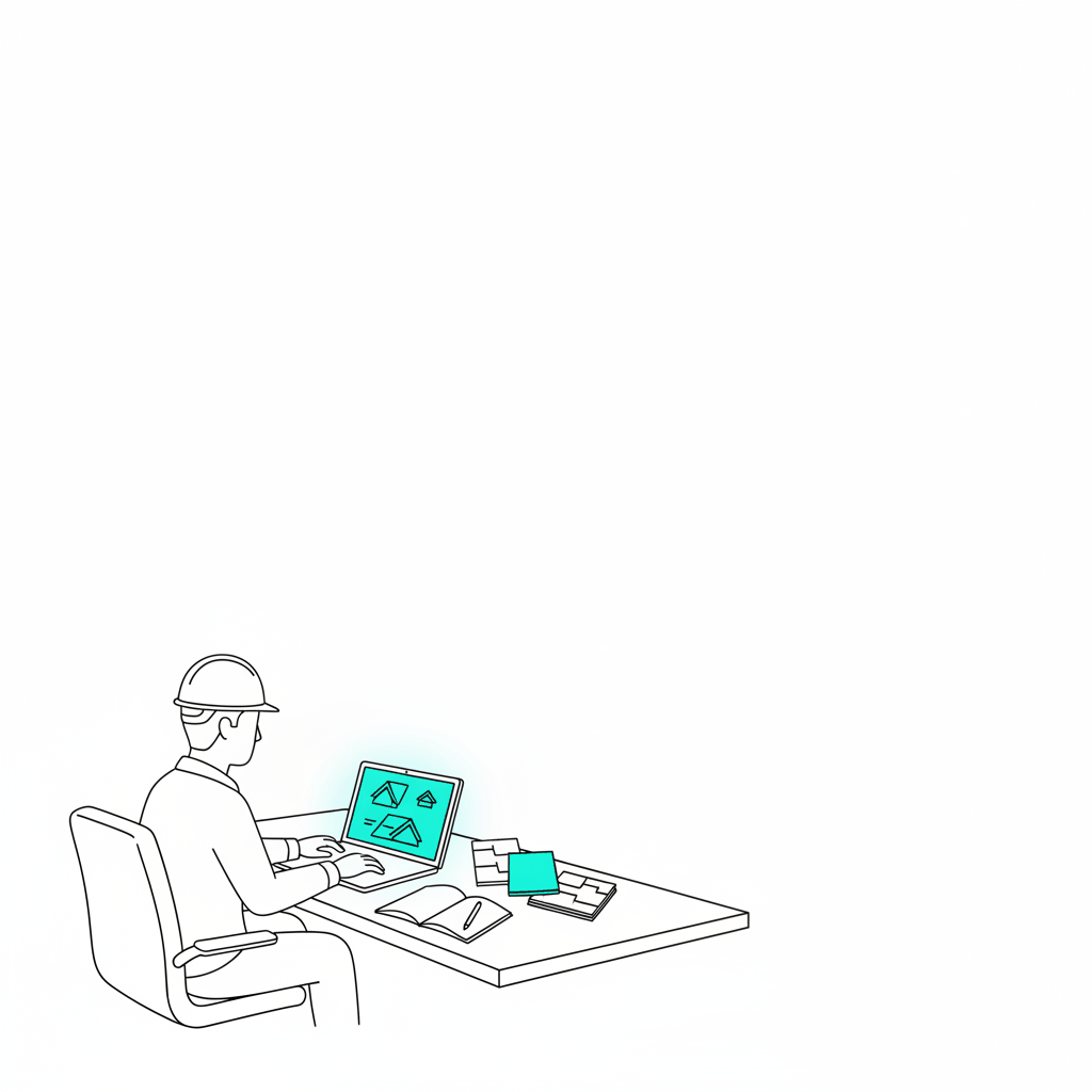 Minimalist line art of professional roofer creating digital content strategy - roofing content marketing guide