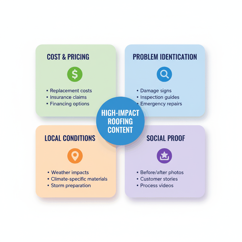 Four categories of high-performing roofing blog topics that generate qualified leads: cost pricing, problem identification, local conditions, and social proof