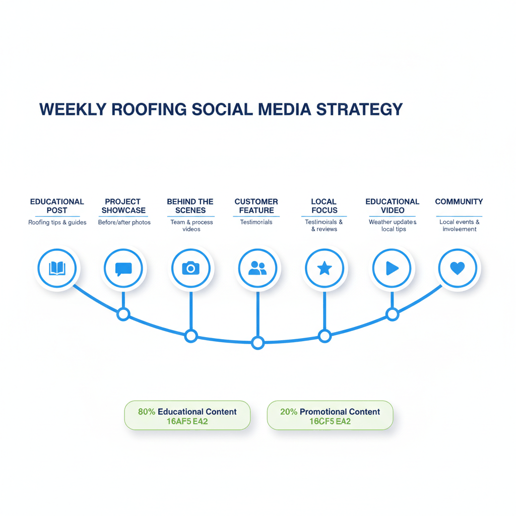 Weekly social media content calendar for roofing companies showing optimal mix of educational, project showcase, and community engagement posts