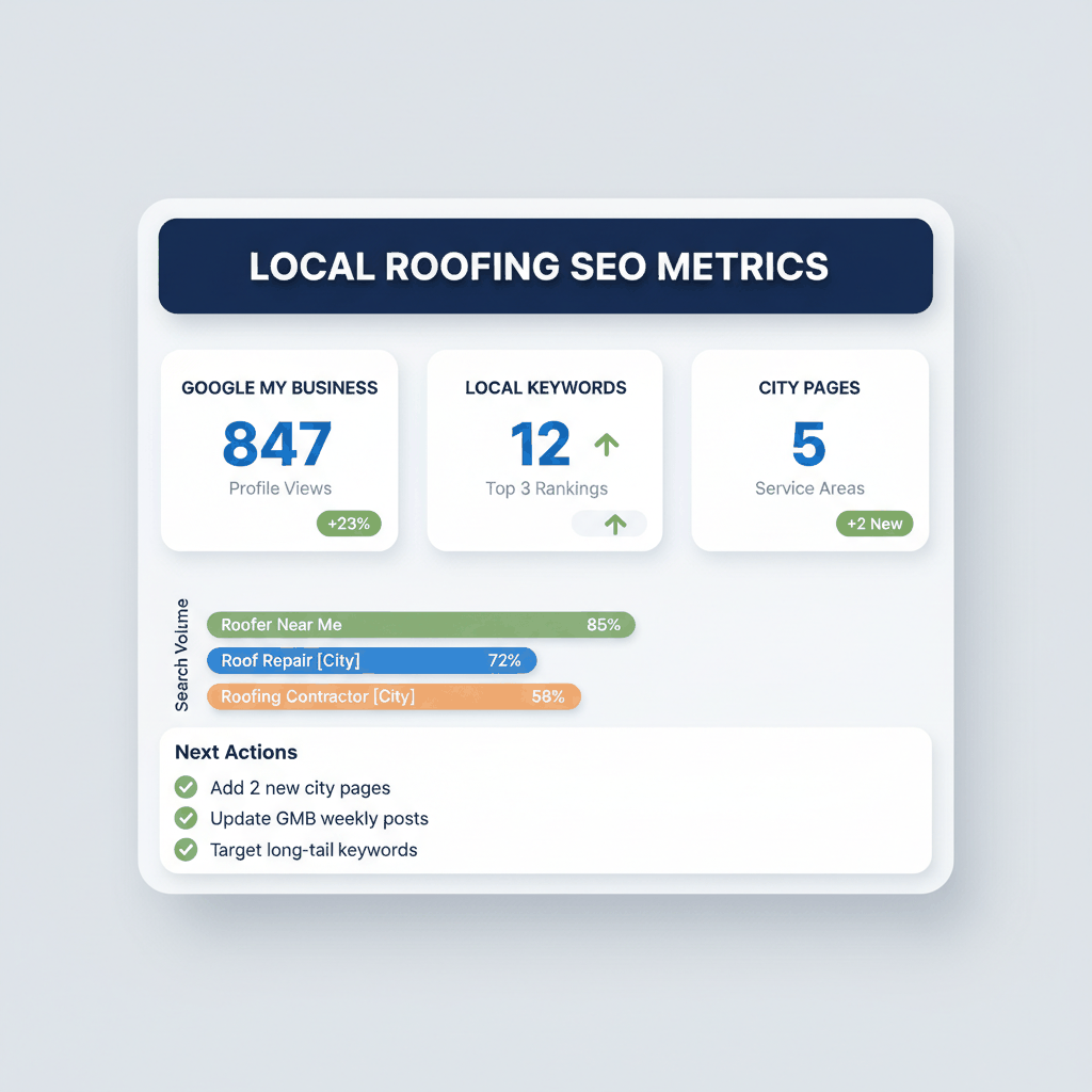 Local SEO dashboard showing Google My Business metrics, keyword rankings, and city page performance for roofing contractor marketing