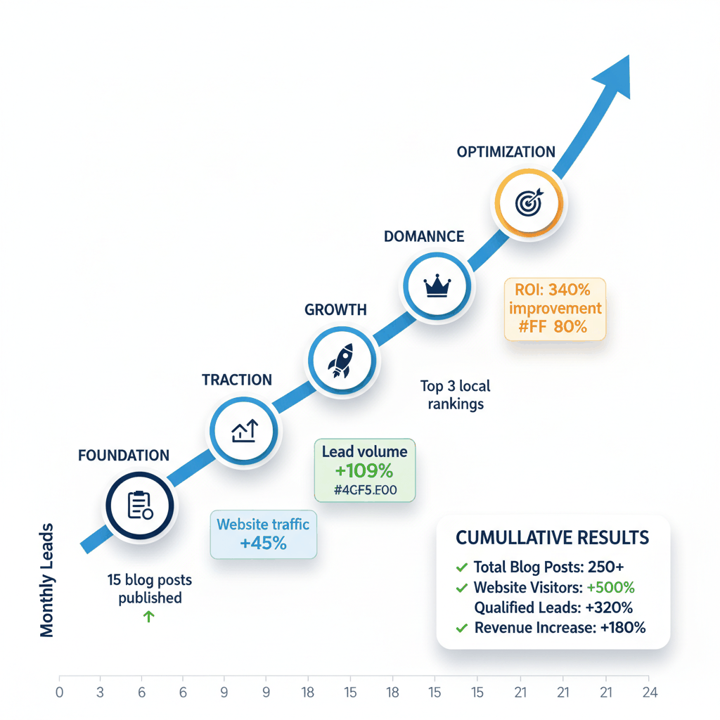 24-month content marketing growth timeline showing progressive lead generation increases from 15 blog posts to 340% ROI improvement