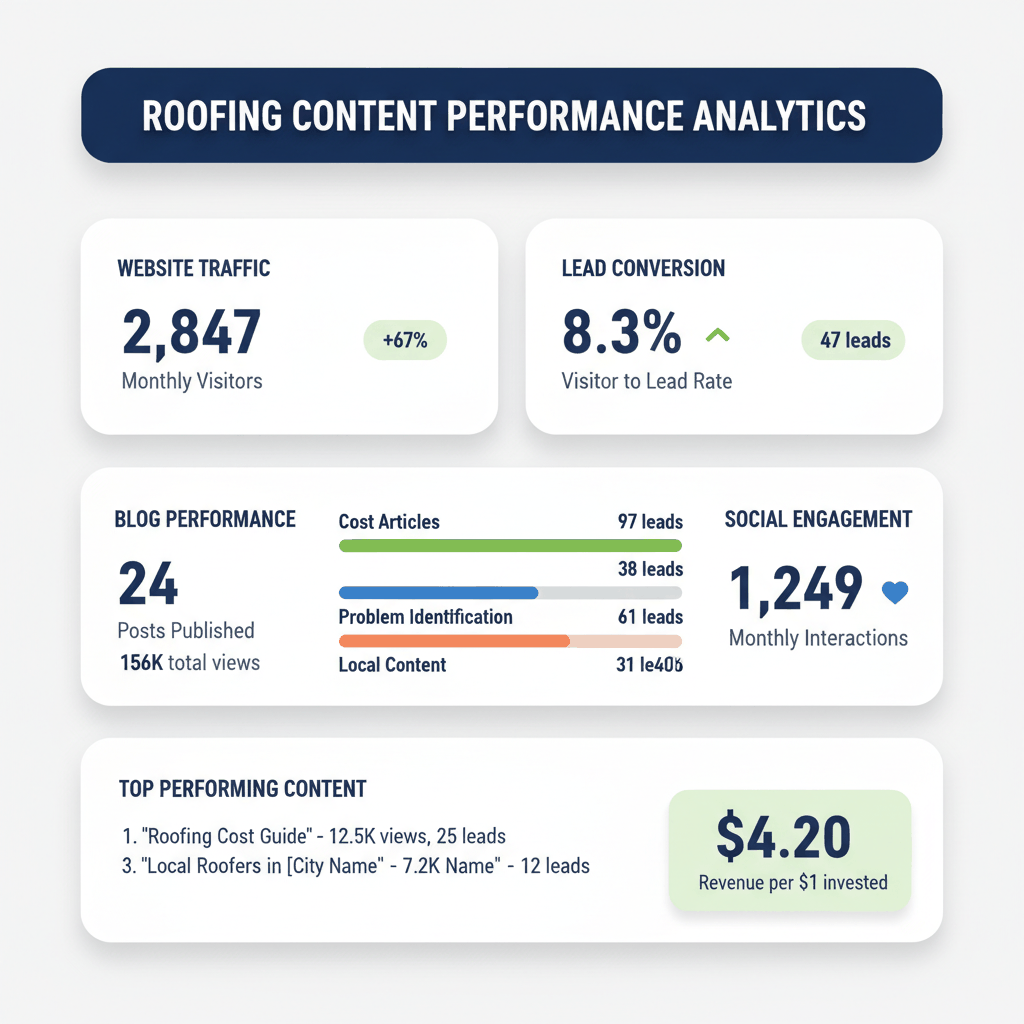 Comprehensive content marketing analytics dashboard showing website traffic, lead conversion rates, blog performance, and ROI metrics for roofing contractors