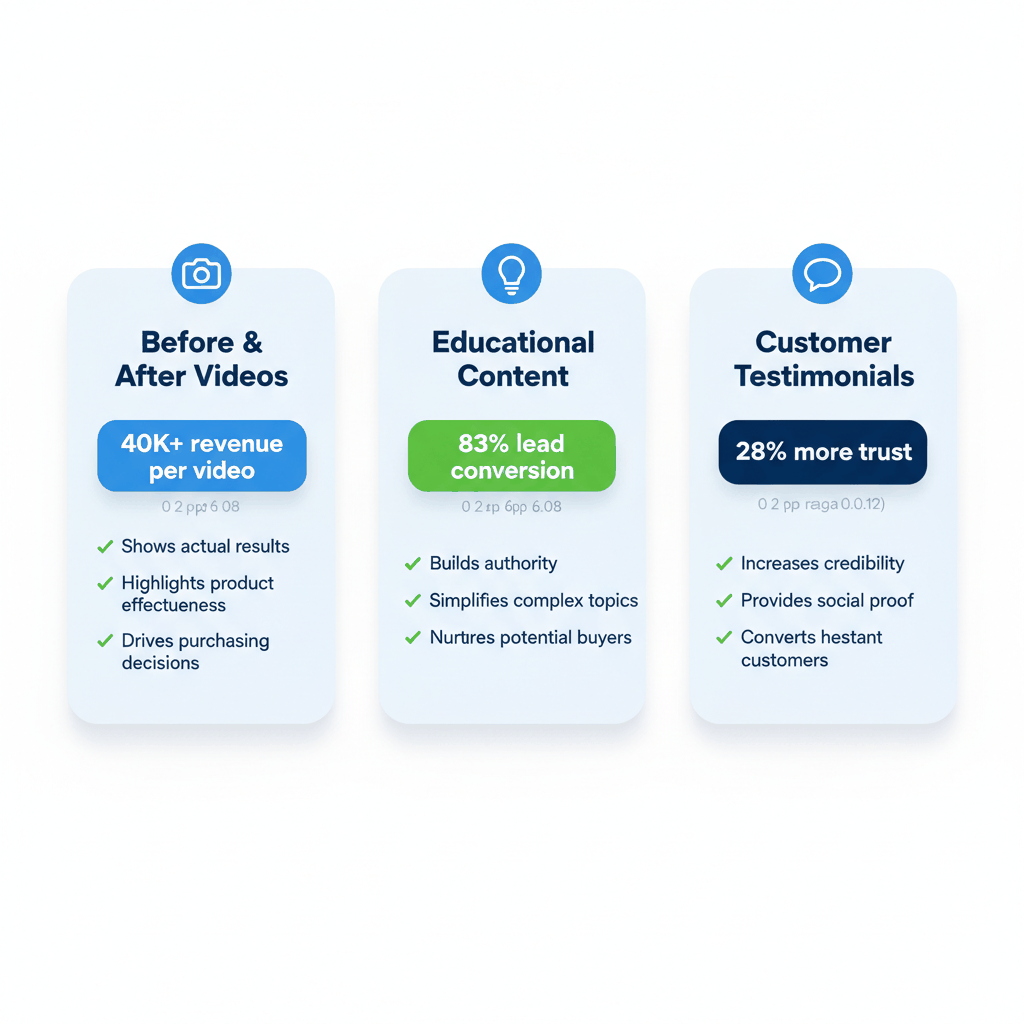 Video marketing strategy comparison showing before/after videos, educational content, and testimonials for water damage restoration companies