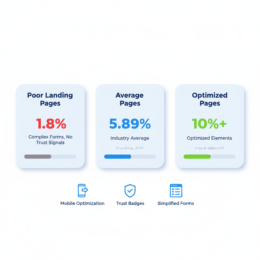 Garage door landing page conversion rate comparison showing 1.8% poor performance vs 10%+ optimized pages with industry benchmarks