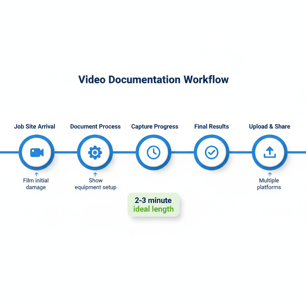 Step-by-step video creation timeline for water damage restoration companies from job arrival to content sharing