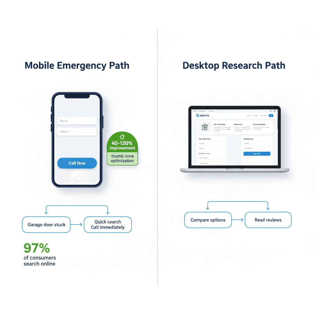 Mobile vs desktop user behavior comparison for garage door emergency services showing thumb-zone optimization benefits