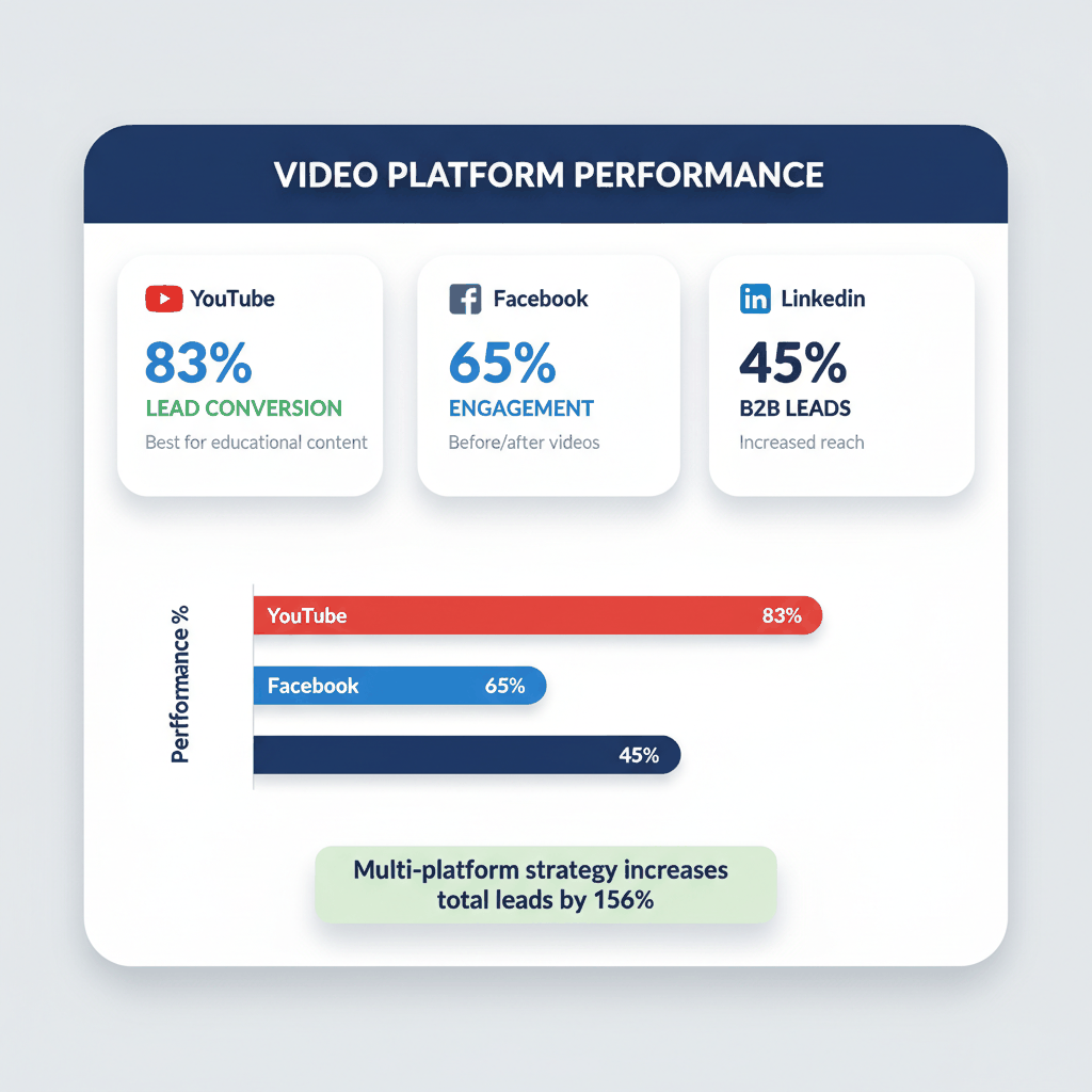 Video platform performance metrics dashboard showing YouTube, Facebook and LinkedIn effectiveness for water damage restoration marketing