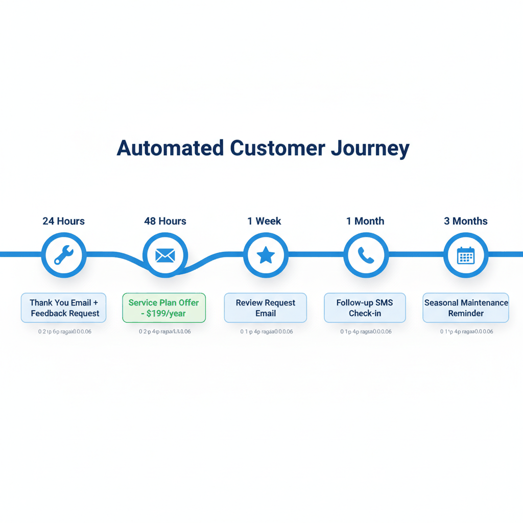 5-stage automated follow-up timeline showing service completion through seasonal maintenance reminders for appliance repair customer retention
