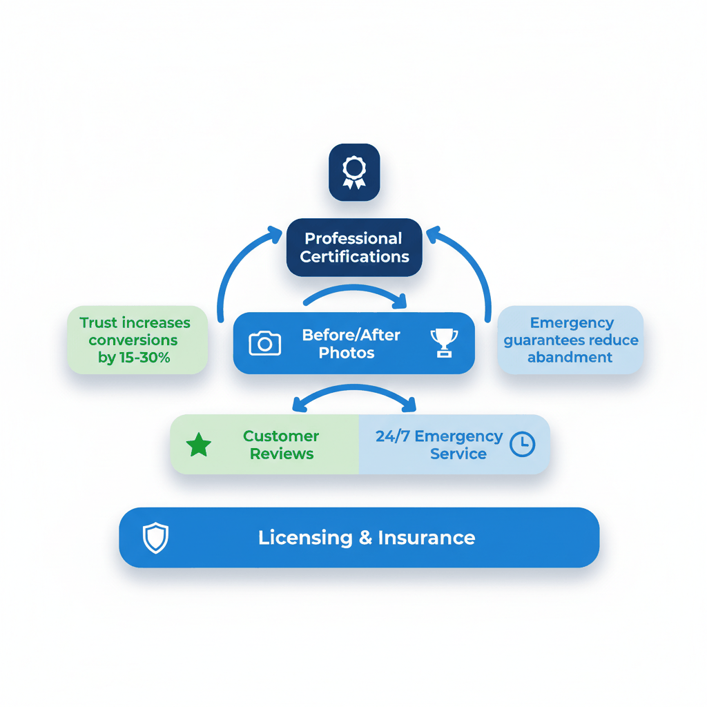 Trust element hierarchy pyramid for garage door landing pages showing licensing, reviews, emergency service, and certification importance