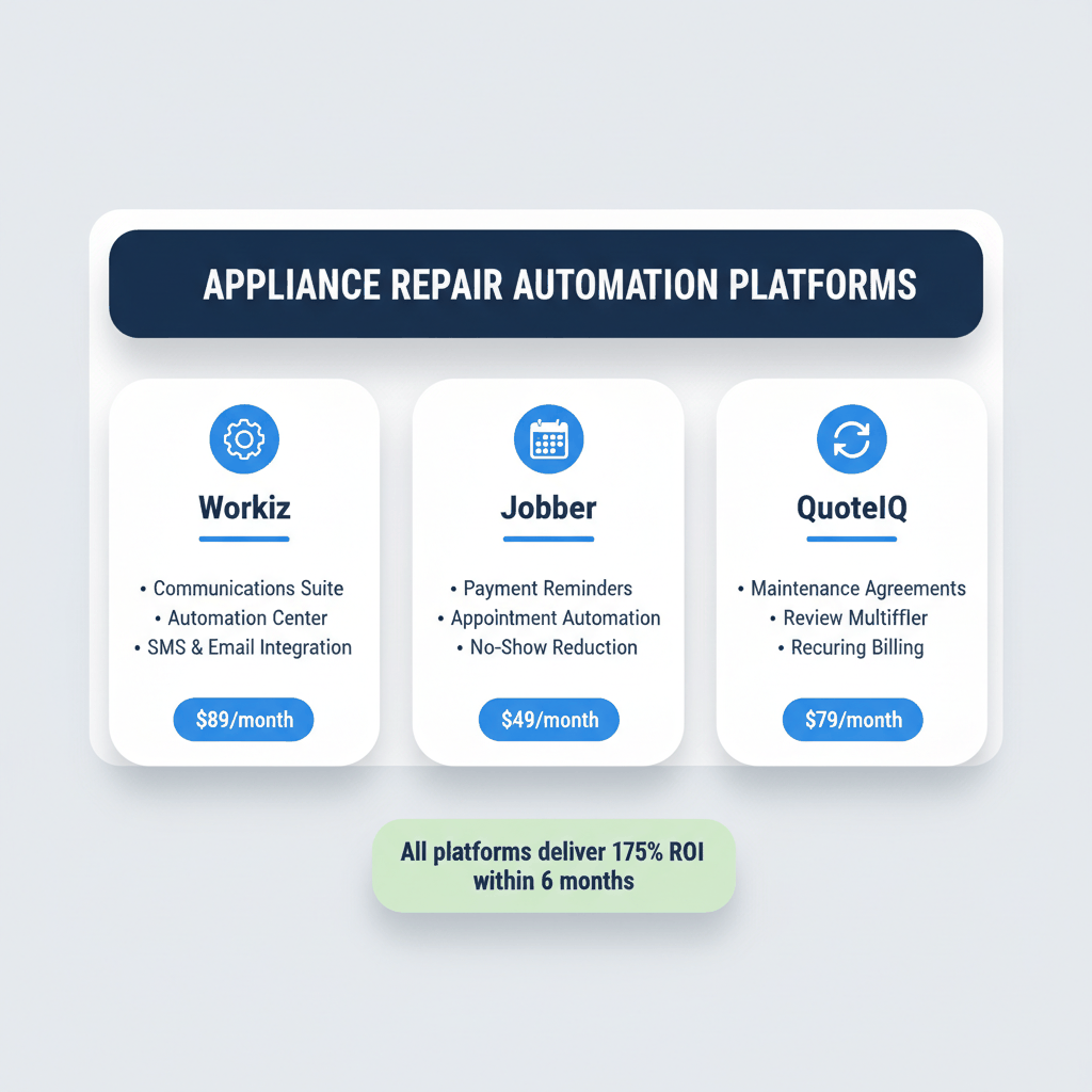 Comparison dashboard of Workiz, Jobber, and QuoteIQ automation platforms showing features and pricing for appliance repair businesses