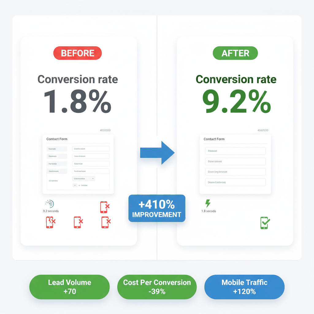 Before and after garage door landing page optimization results showing 410% improvement from 1.8% to 9.2% conversion rate