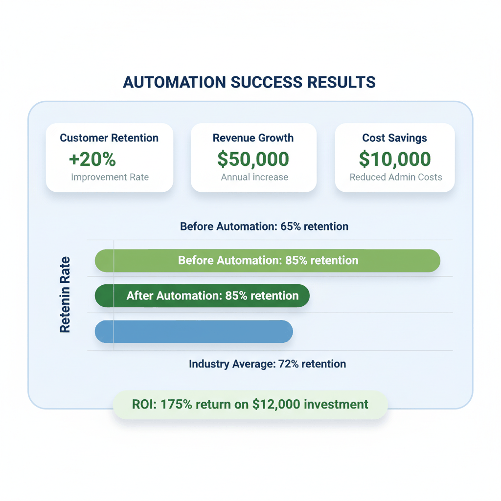 Performance metrics chart showing 20% customer retention improvement and $50,000 revenue growth from appliance repair automation systems