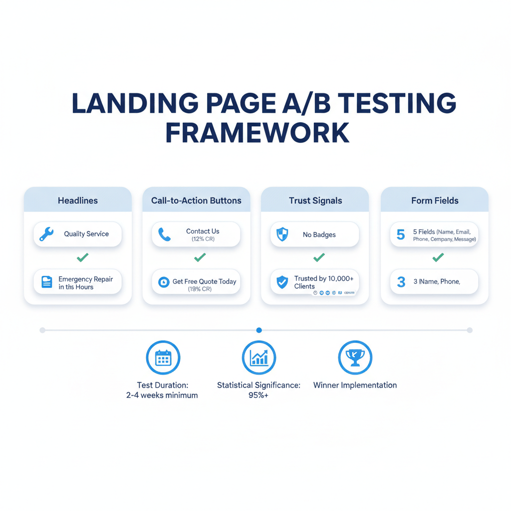 A/B testing framework for garage door landing pages showing headline, CTA, trust signal, and form field optimization strategies