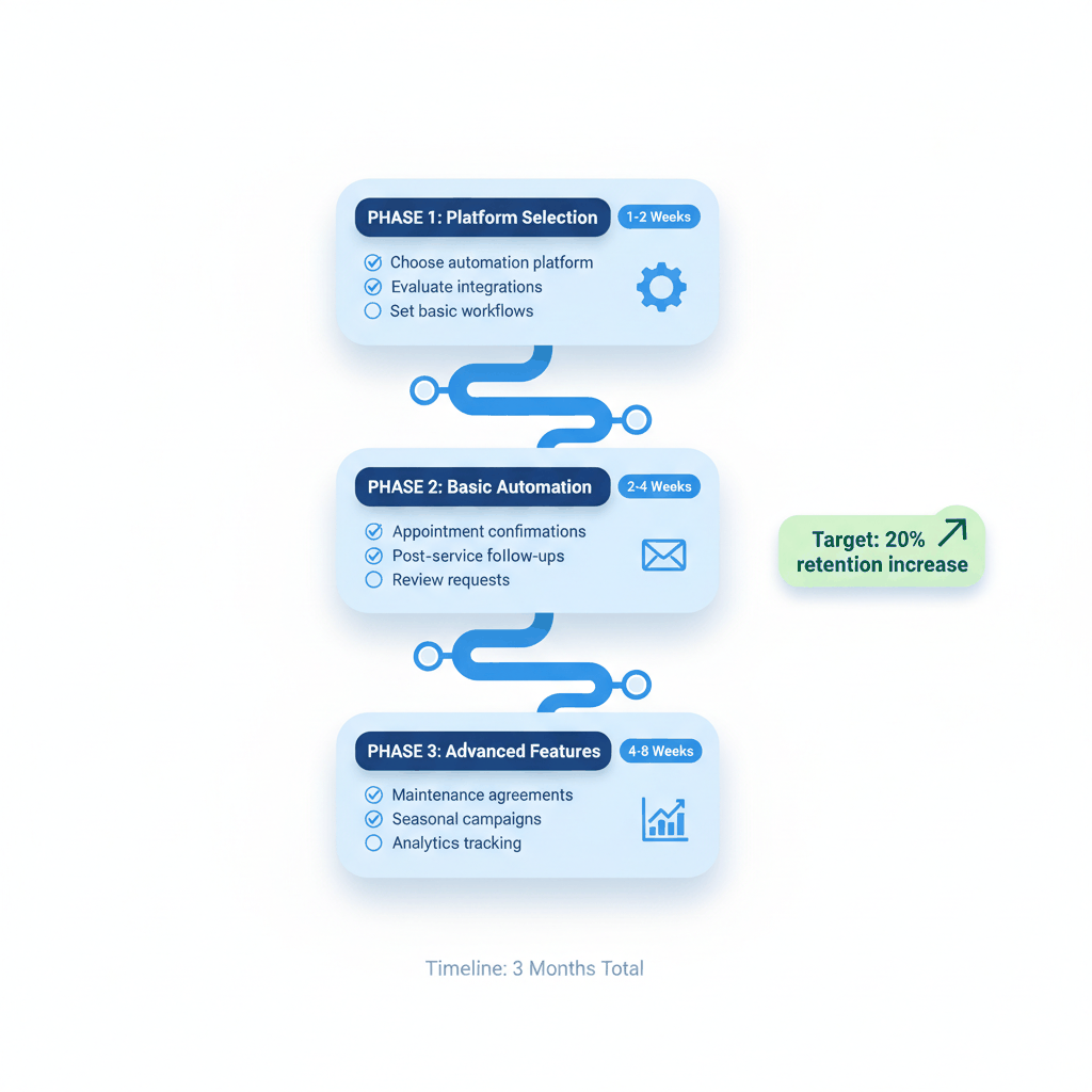 3-phase implementation roadmap for appliance repair automation showing platform selection, basic setup, and advanced features over 3 months