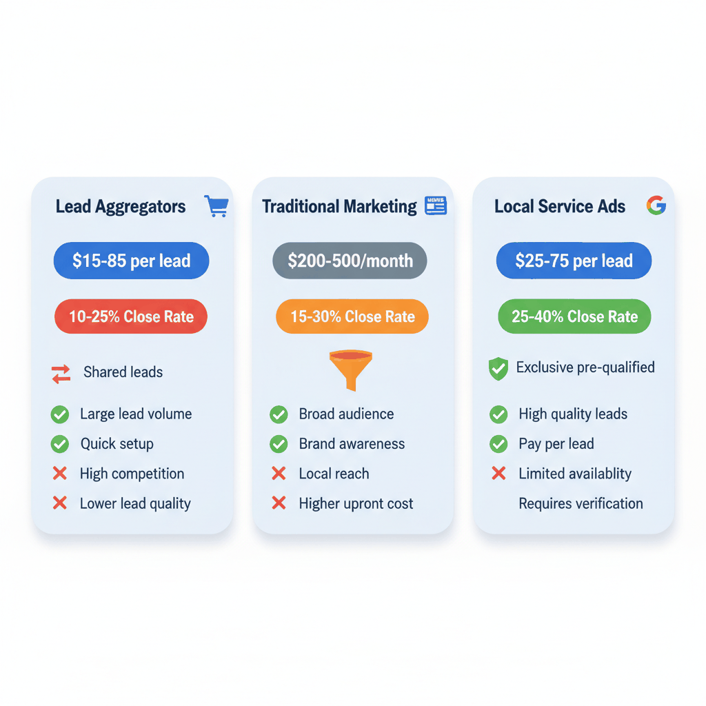 Comparison chart showing Local Service Ads vs lead aggregators vs traditional marketing for flooring contractors - costs, conversion rates, and lead quality