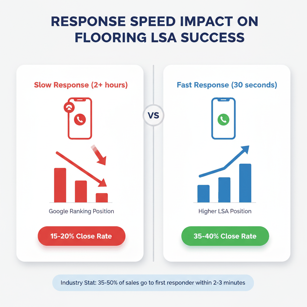Response time impact chart showing how 30-second response times improve Google Local Service Ad rankings and increase flooring contractor close rates from 15-20% to 35-40%