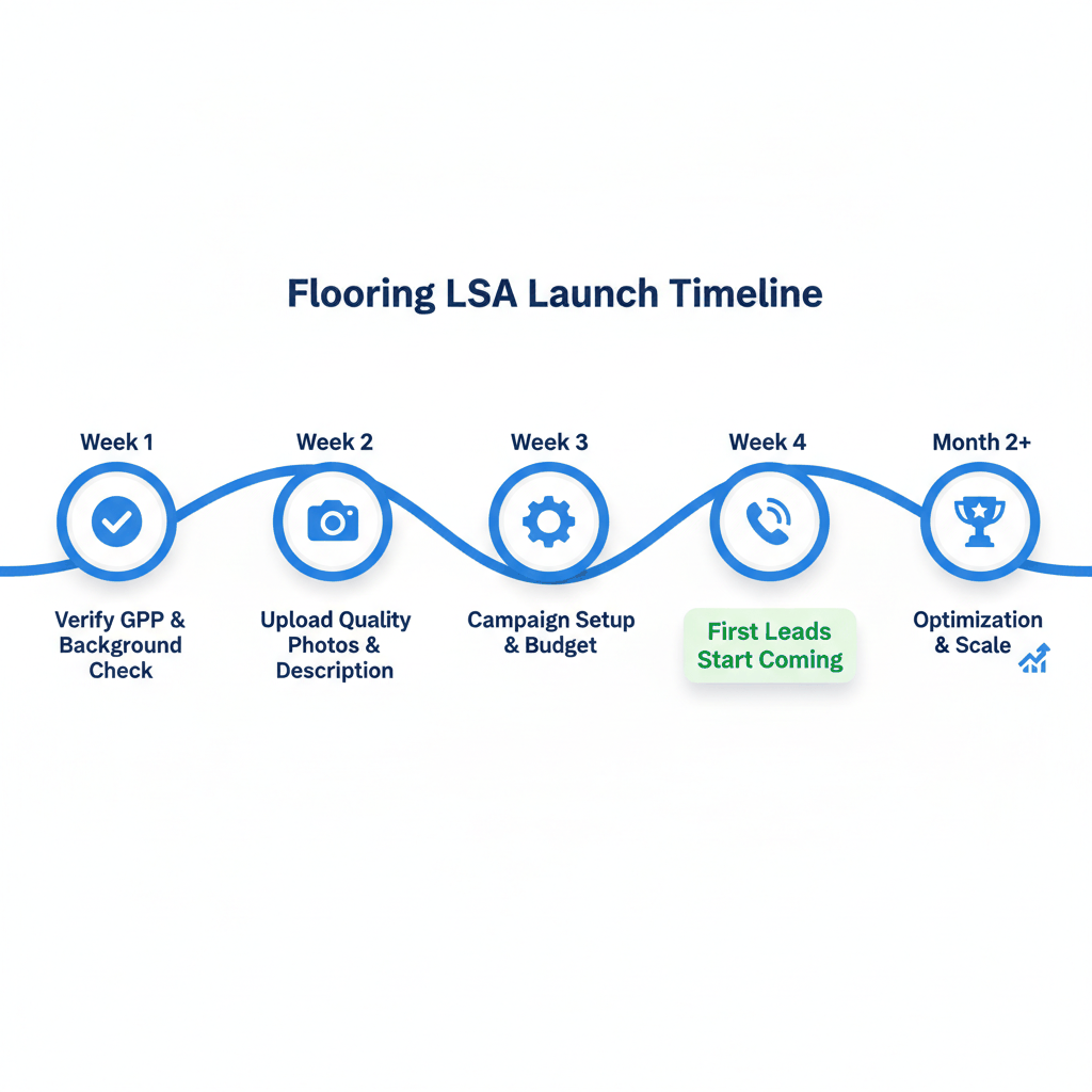 Timeline showing flooring contractor Local Service Ads setup process from Google Business Profile verification to lead optimization over 8 weeks