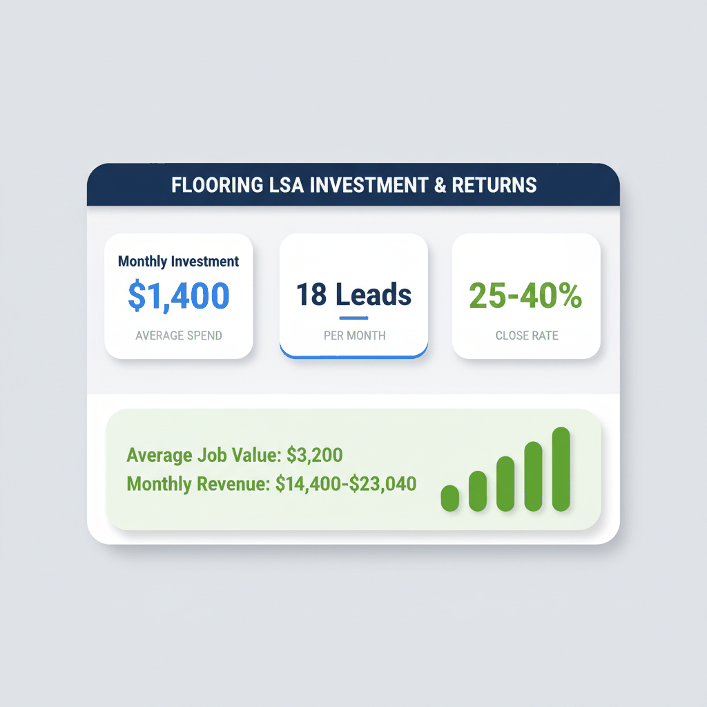 ROI dashboard showing flooring contractor Local Service Ads investment of $1,400 generating 18 leads monthly with 25-40% close rates for $14,400-$23,040 revenue