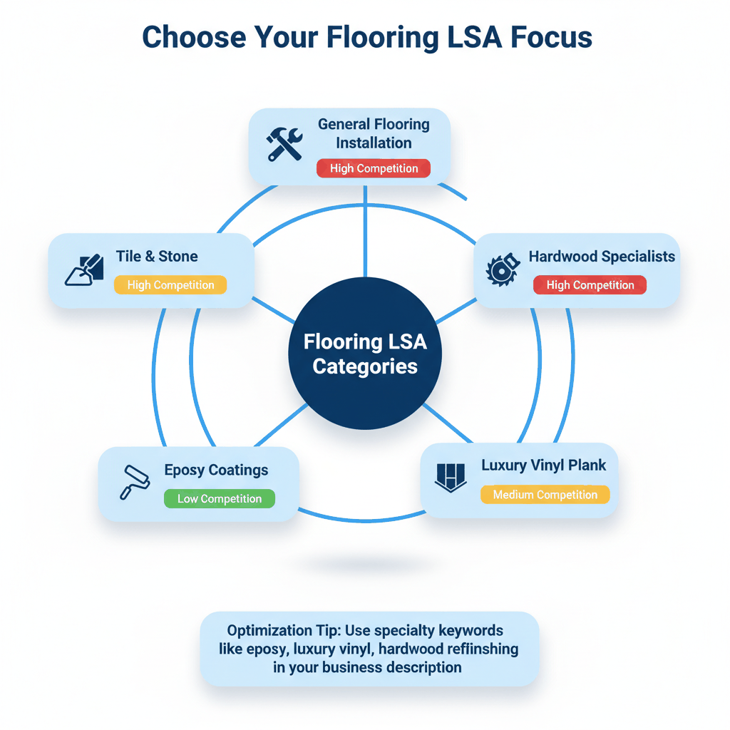 Flooring Local Service Ads category selection guide showing competition levels for general flooring vs specialized services like epoxy coatings and hardwood
