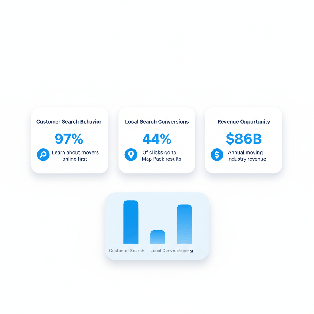 Local SEO statistics showing 97% of customers research moving companies online and 44% of clicks go to local search results