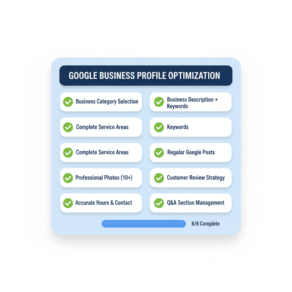 Complete Google Business Profile optimization checklist for moving companies with 8 essential elements including categories, photos, and reviews