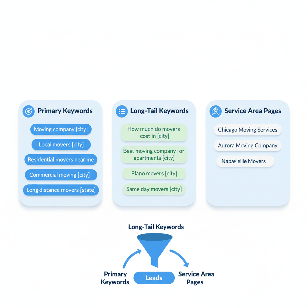 Local keyword strategy framework showing primary keywords, long-tail keywords, and service area pages for moving company SEO