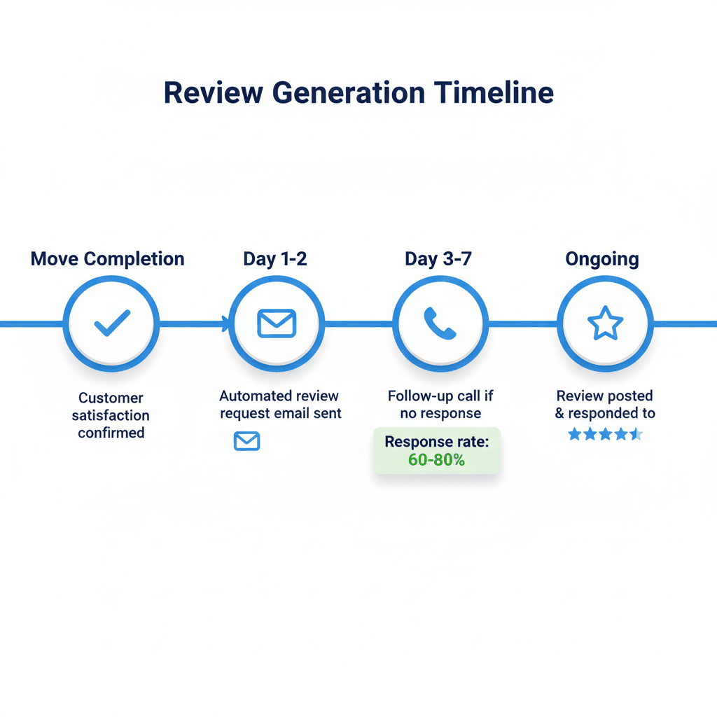 Review generation timeline showing 4-step process from move completion to review posting with 60-80% response rates