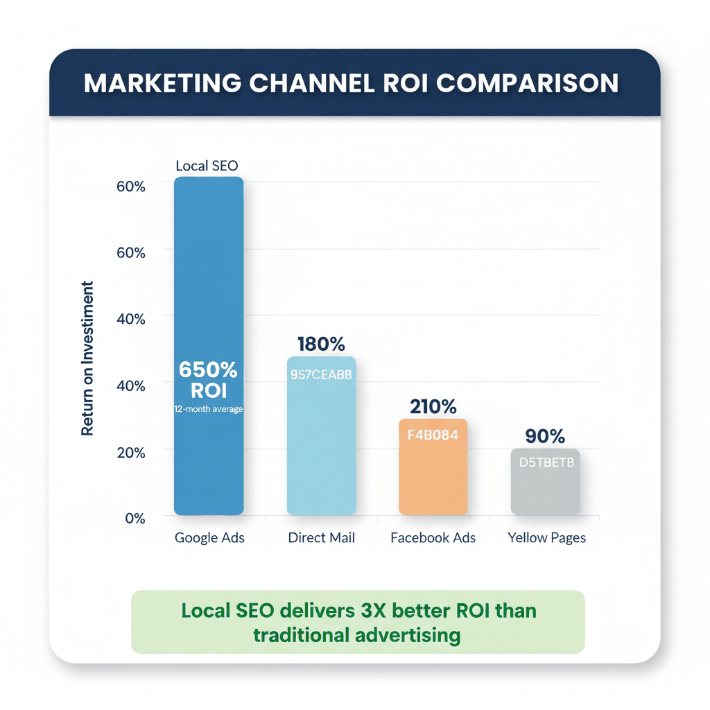 Marketing ROI comparison chart showing local SEO delivers 650% ROI vs 320% for Google Ads and 180% for direct mail marketing