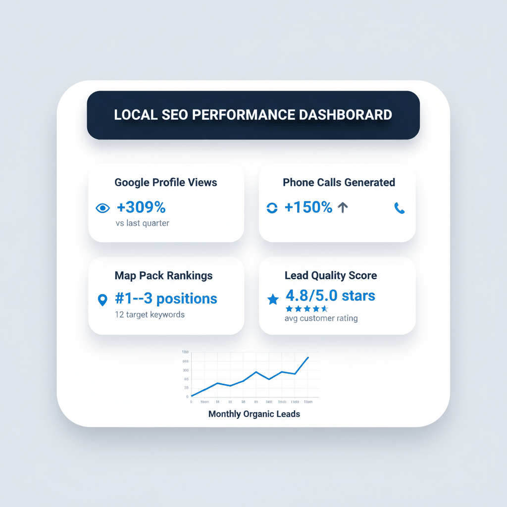 Local SEO performance dashboard showing 309% increase in Google profile views, 150% more phone calls, and #1-#3 rankings for moving companies
