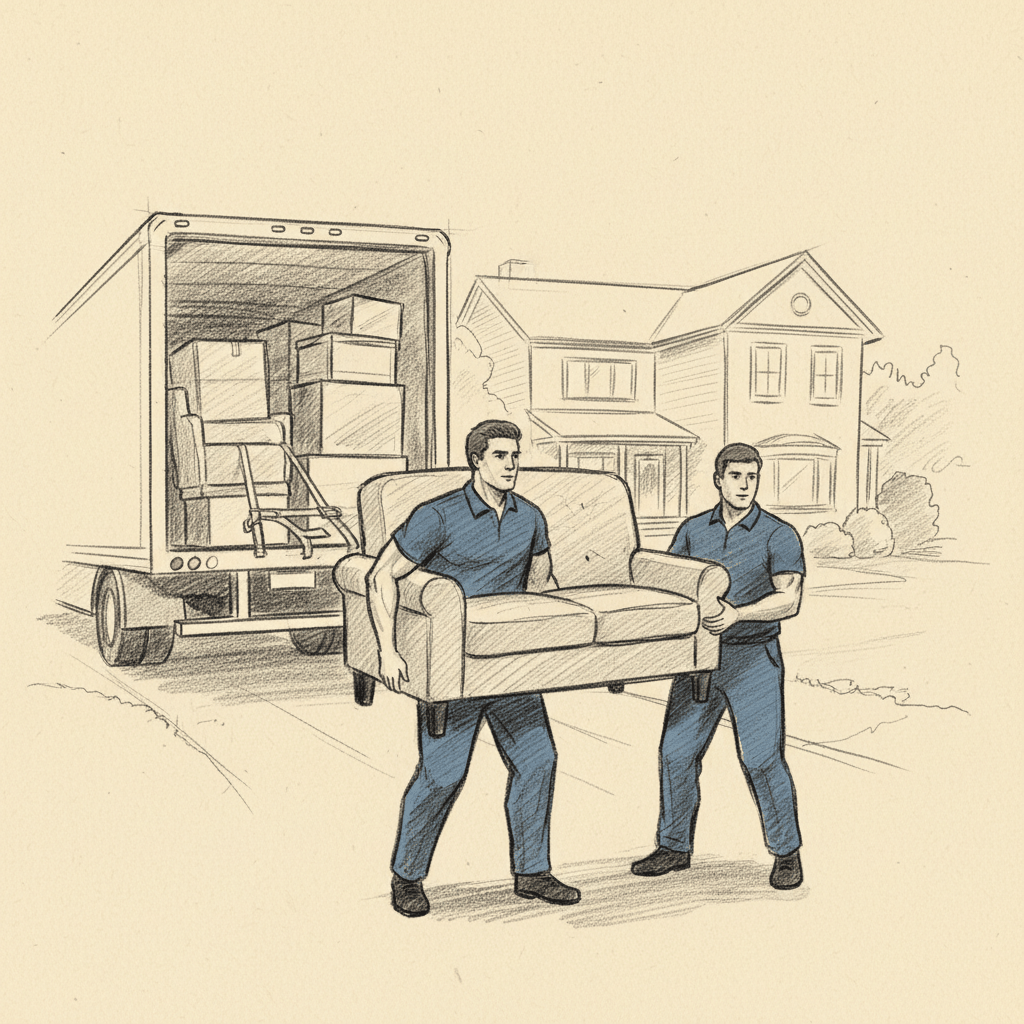 Hand-drawn charcoal sketch of professional movers loading furniture - moving company content marketing authority