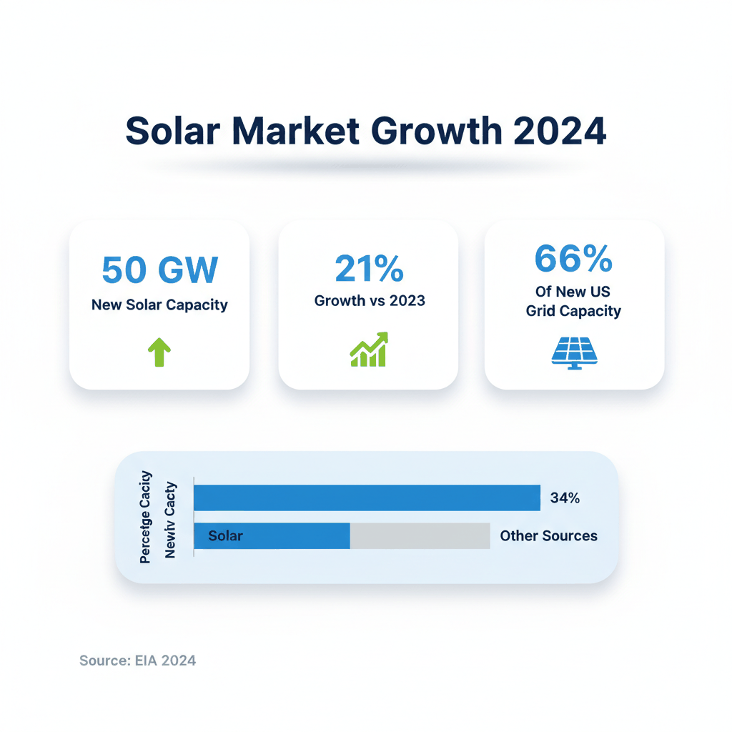 Solar market growth statistics 2024 showing 50 GW new capacity and 66% of US grid additions - commercial solar trends