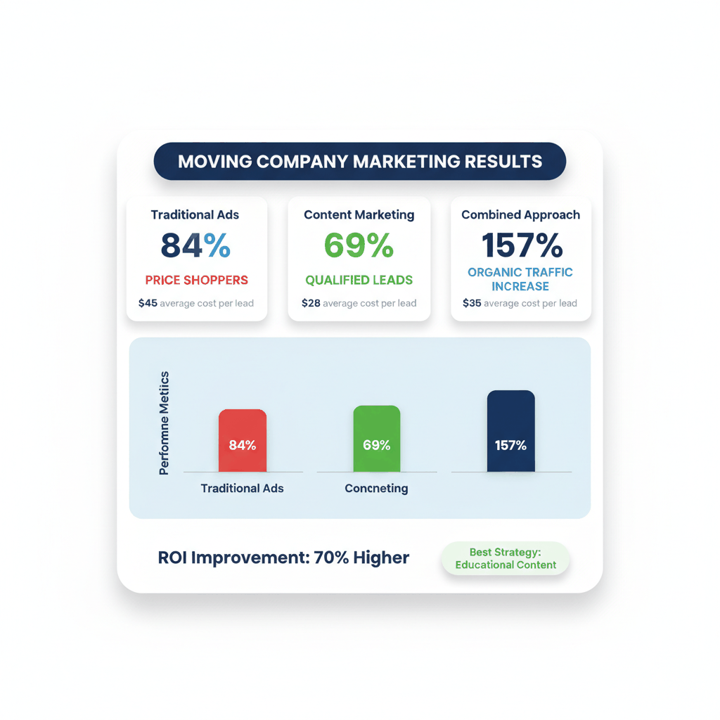 Moving company content marketing results dashboard showing 70% higher ROI compared to traditional advertising methods