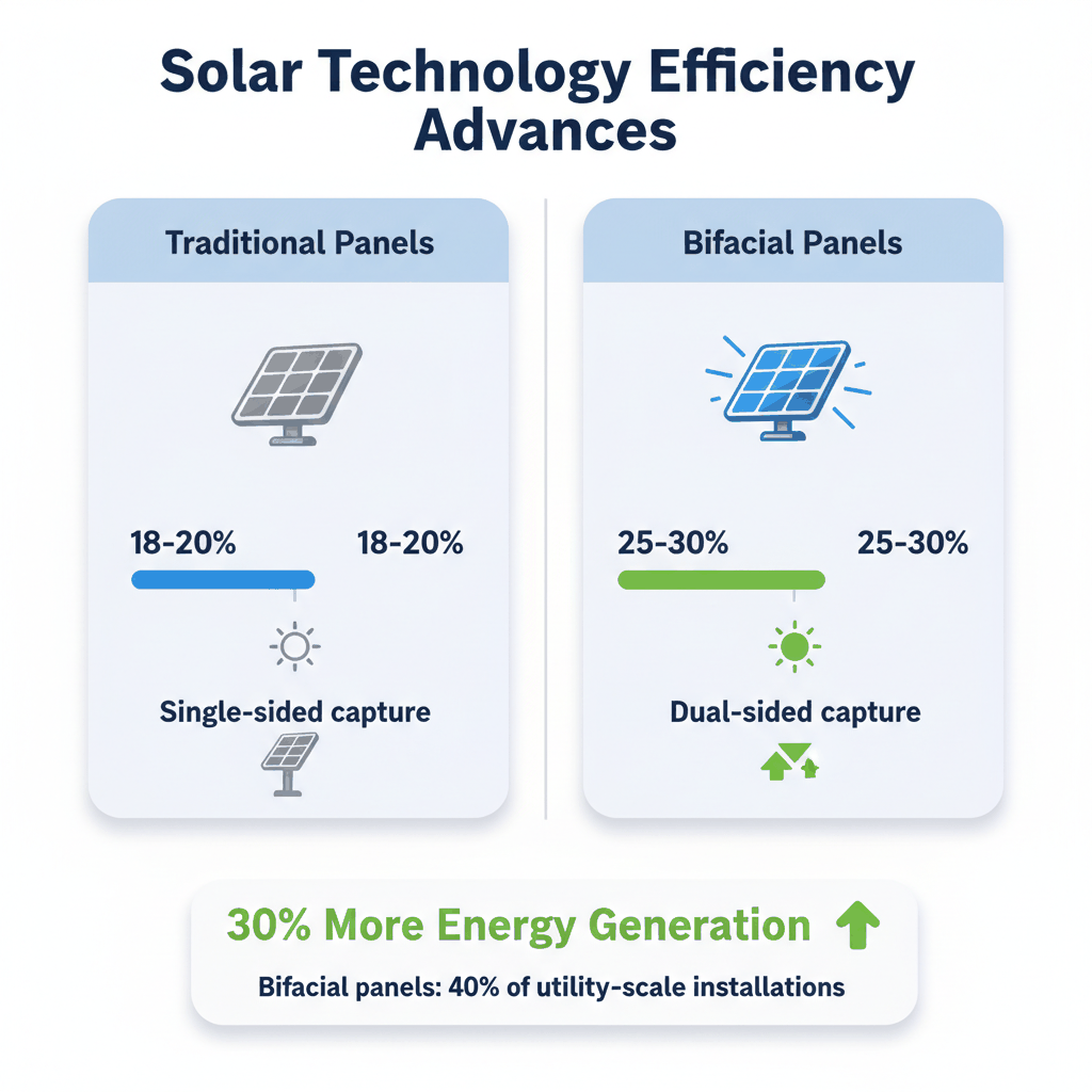 Bifacial vs traditional solar panel efficiency comparison showing 30% more energy generation - solar technology advances 2024