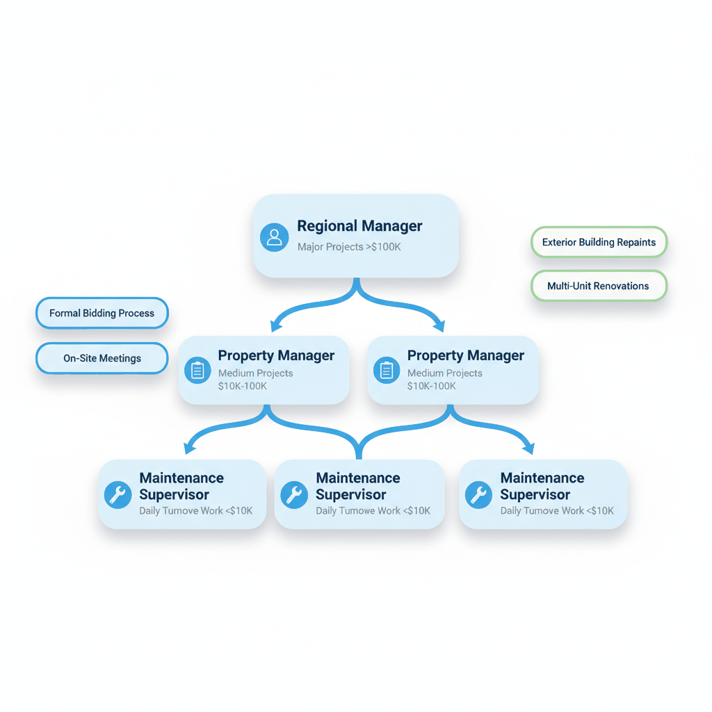 Property management decision maker hierarchy chart showing who to contact for different apartment painting contract sizes