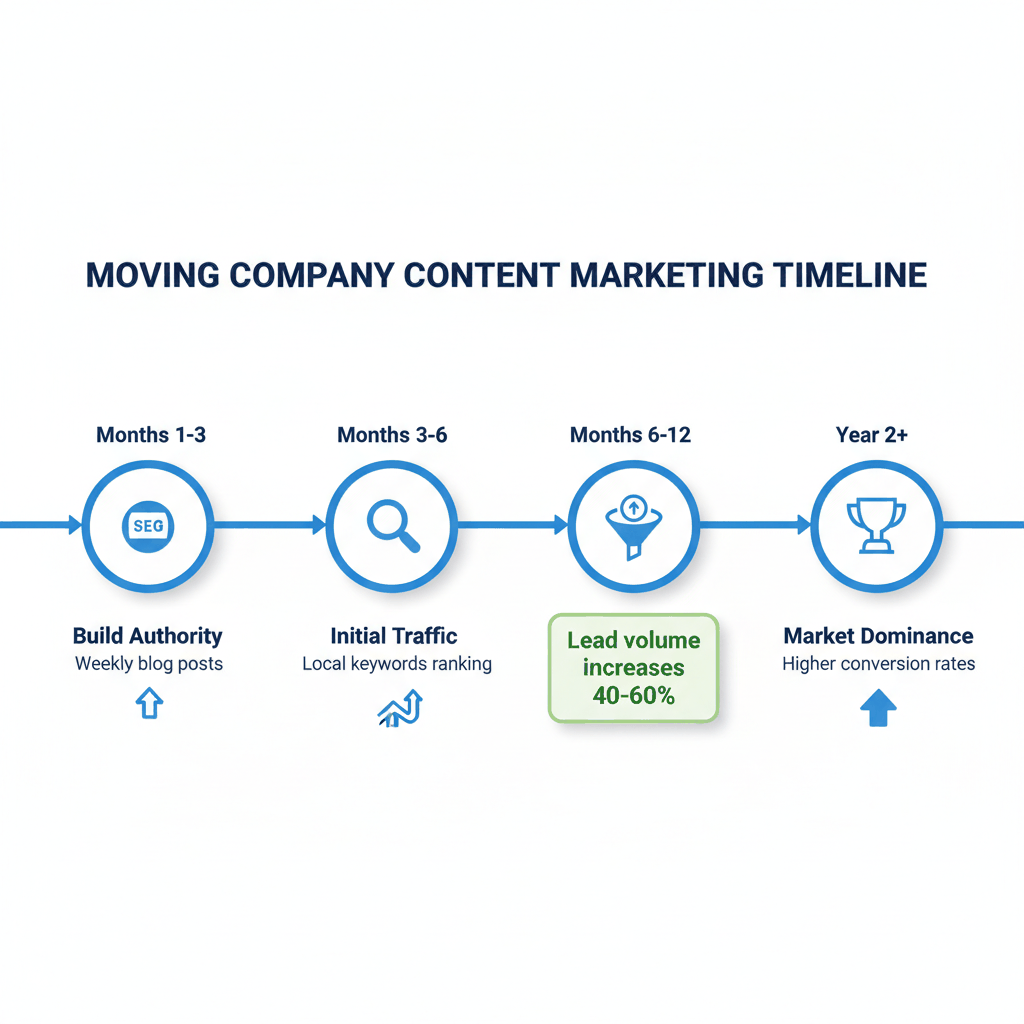 Moving company content marketing timeline showing lead volume increases of 40-60% within 6-12 months of consistent publishing