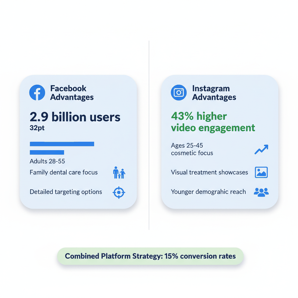 Facebook vs Instagram advertising comparison dashboard showing platform advantages for dental practice marketing and patient targeting