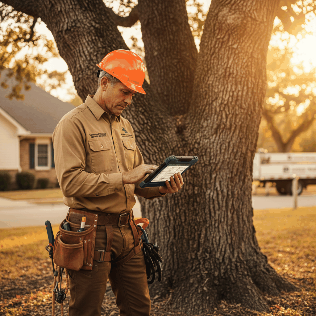 Professional arborist using tablet CRM system for tree assessment - tree service customer management technology