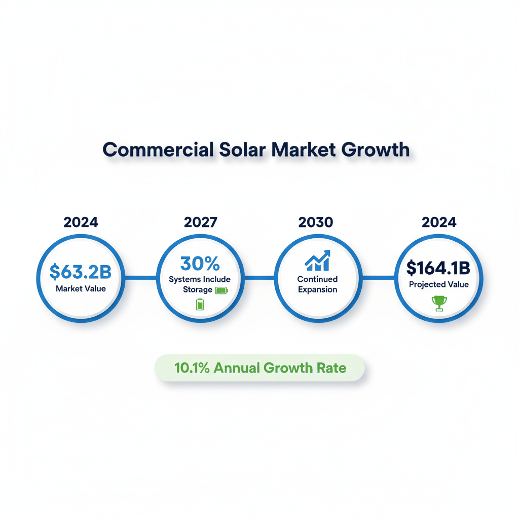 Commercial solar market timeline from $63.2B in 2024 to $164.1B by 2034 showing 10.1% annual growth - solar business opportunities
