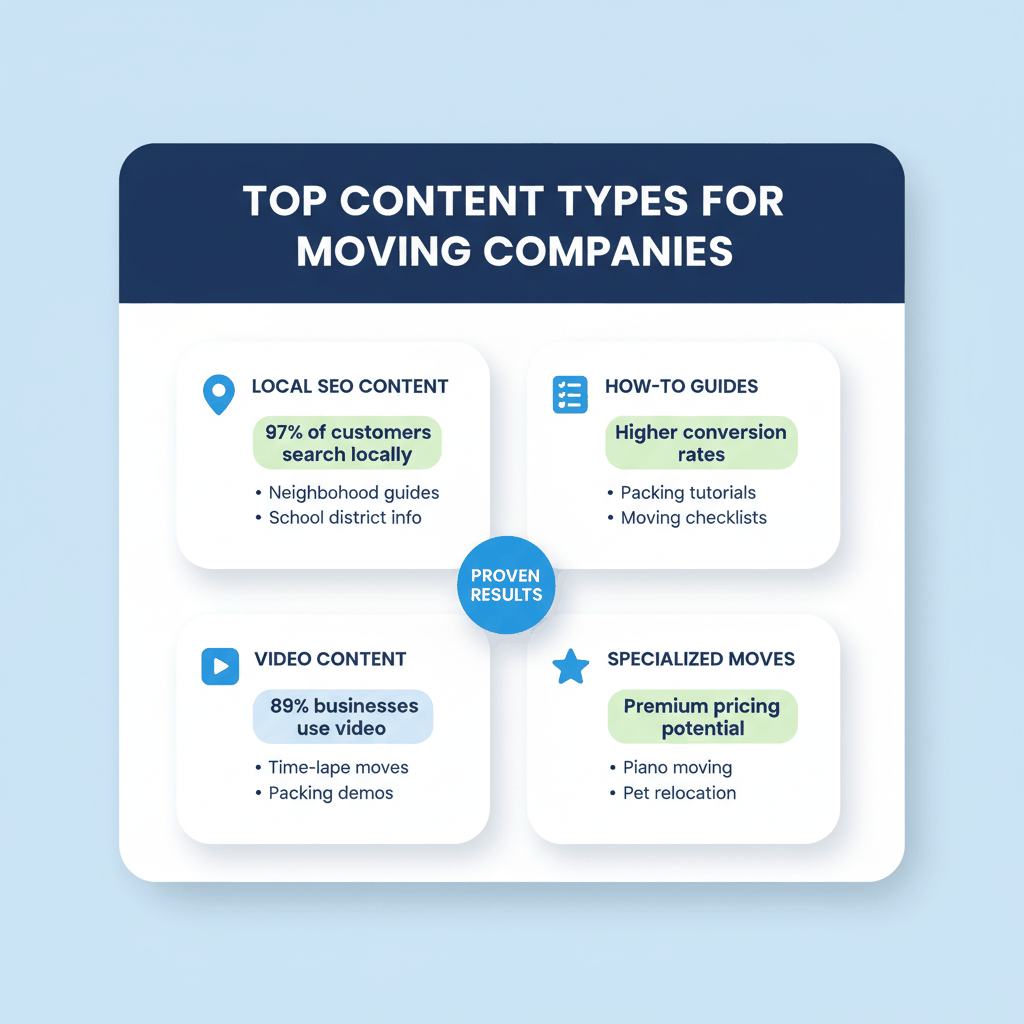 Four high-performing content types for moving companies including local SEO content, how-to guides, video content, and specialized moving topics