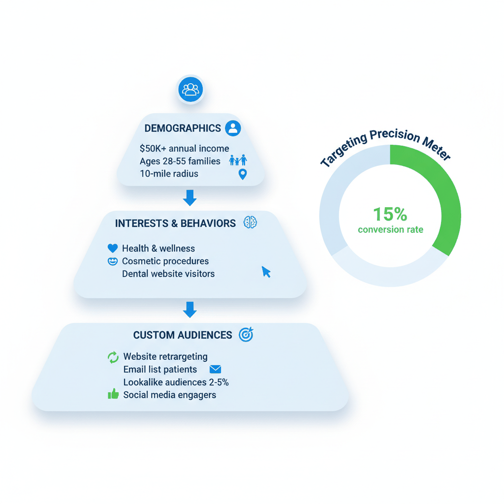 Dental practice Facebook advertising targeting strategy pyramid showing demographics, interests, and custom audience options for maximum conversion rates