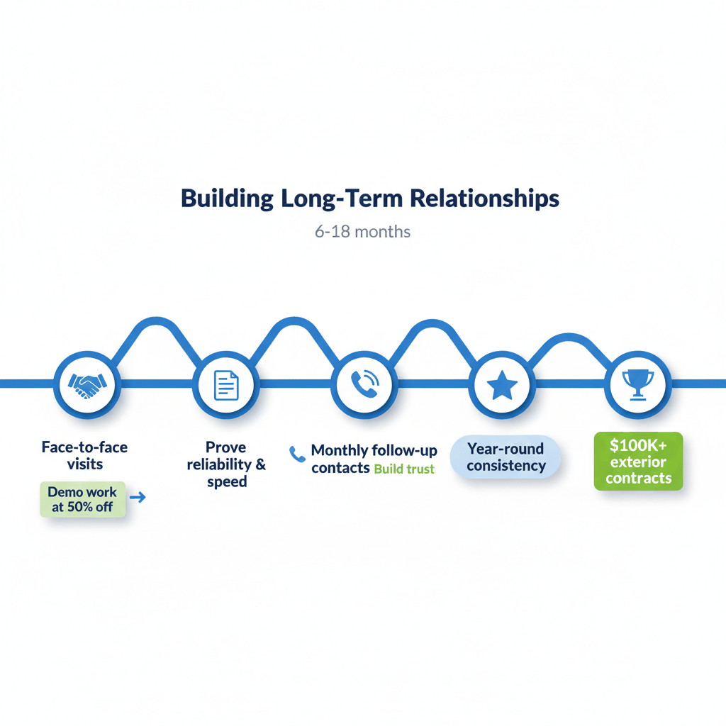Apartment painting contractor relationship building timeline showing progression from first contact to major contracts