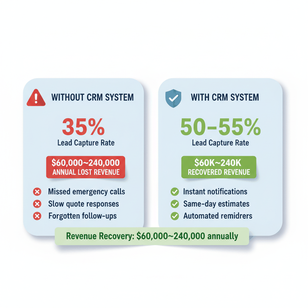 Tree service lead leakage comparison showing revenue loss without CRM versus recovery with proper customer management systems