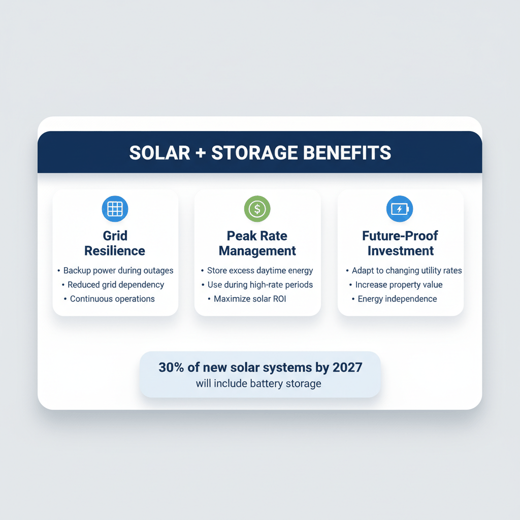 Solar energy storage integration benefits showing grid resilience, peak rate management, and investment value - commercial solar trends