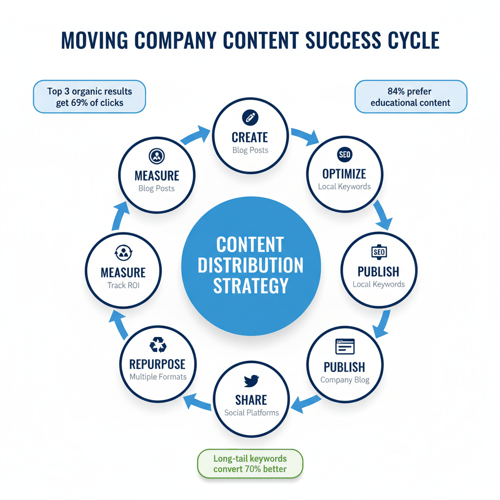 Content distribution cycle for moving companies showing SEO optimization, social sharing, and repurposing strategies for maximum reach