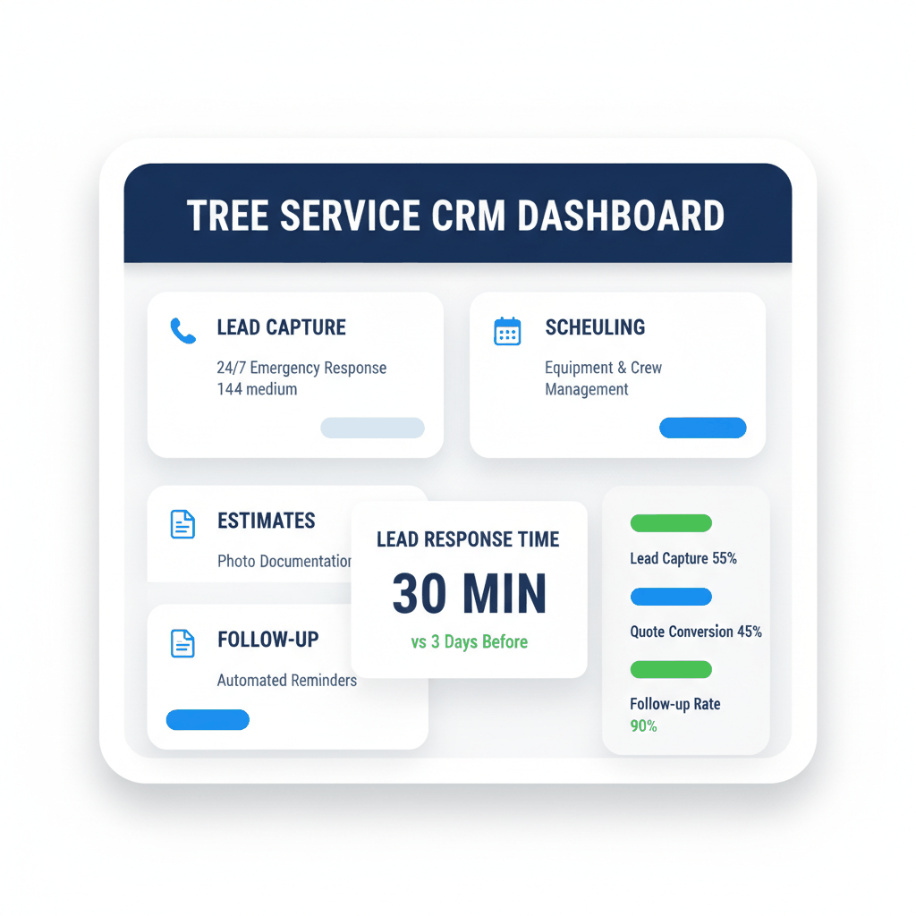 Tree service CRM dashboard showing lead capture, scheduling, estimates, and follow-up features with response time improvements