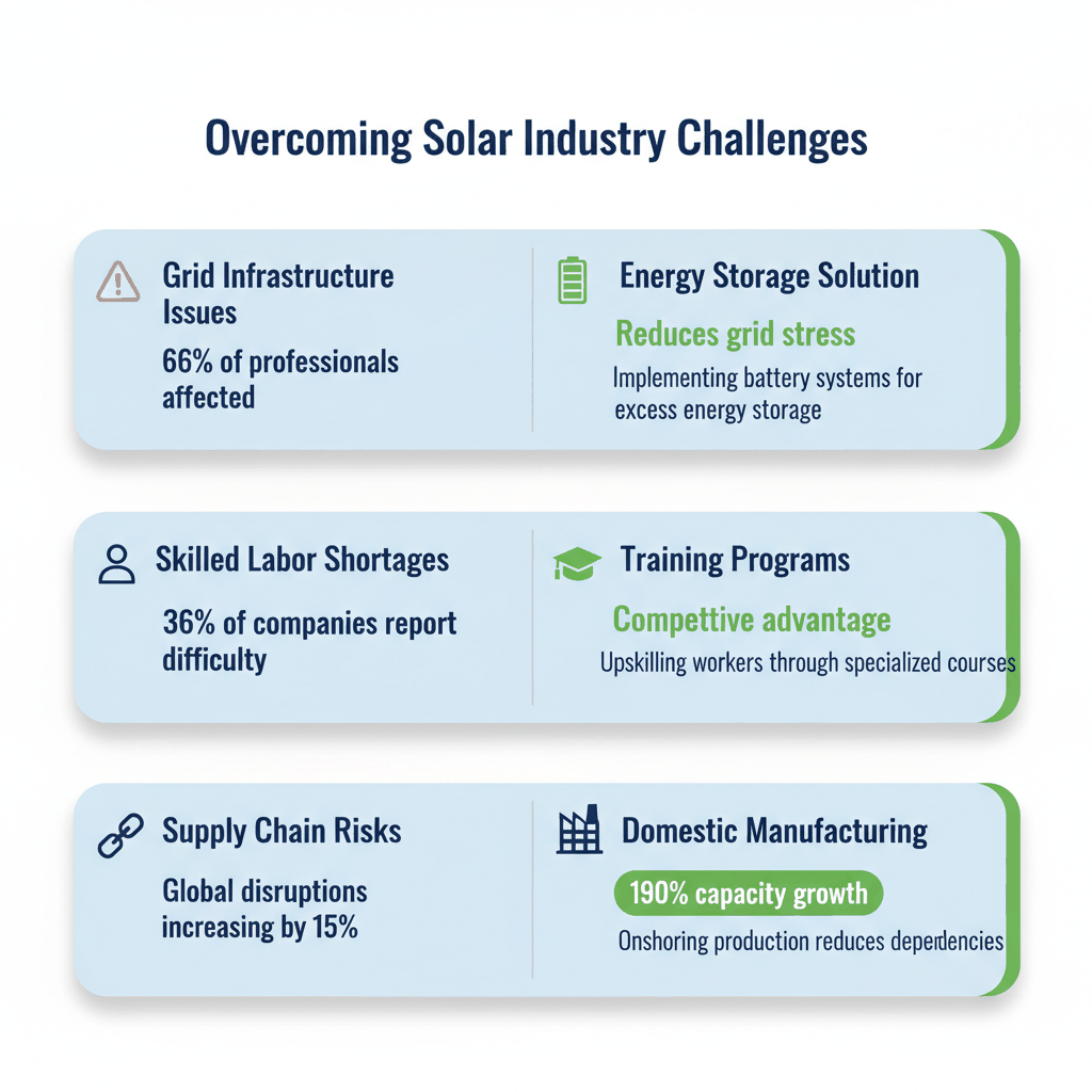 Solar industry challenges matrix showing grid issues, labor shortages, and supply chain risks with corresponding business solutions