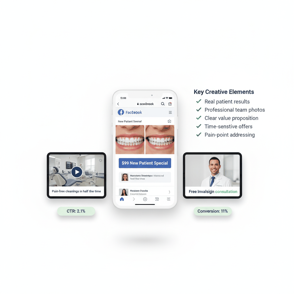 Mobile mockups showing high-converting dental Facebook ad creative examples with before-after photos, video content, and consultation offers