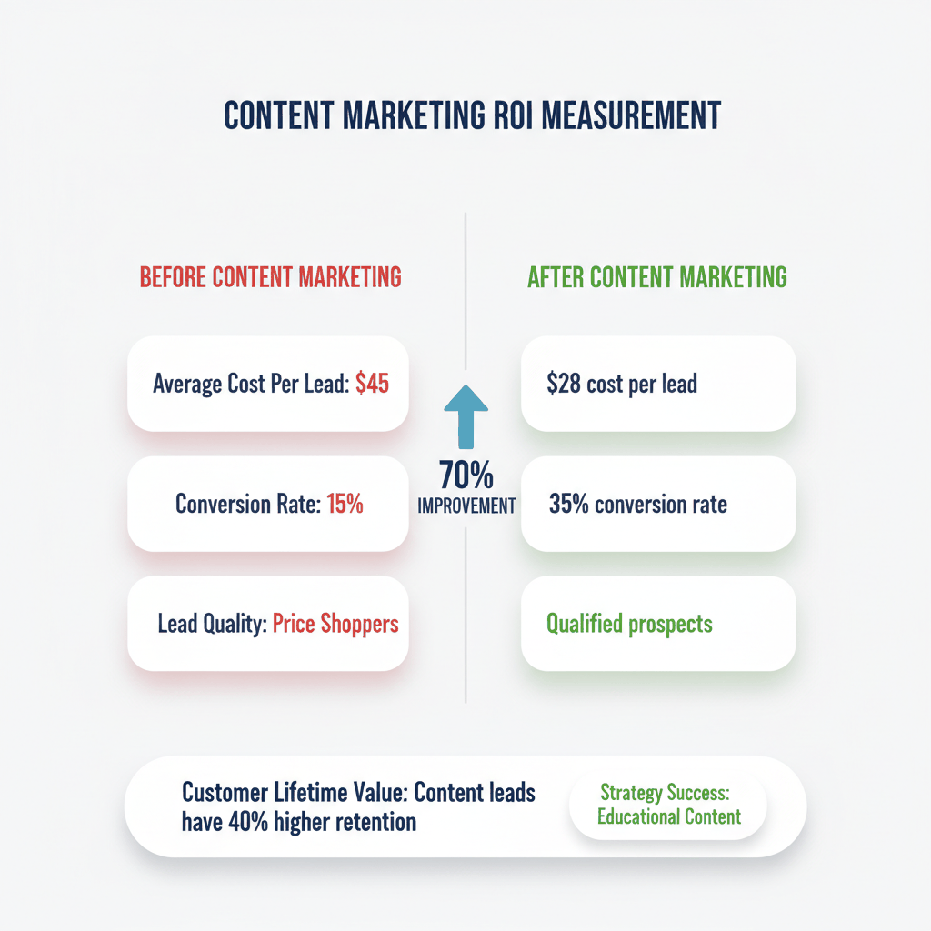 Moving company content marketing ROI dashboard showing 70% improvement with $28 cost per lead versus $45 for traditional advertising