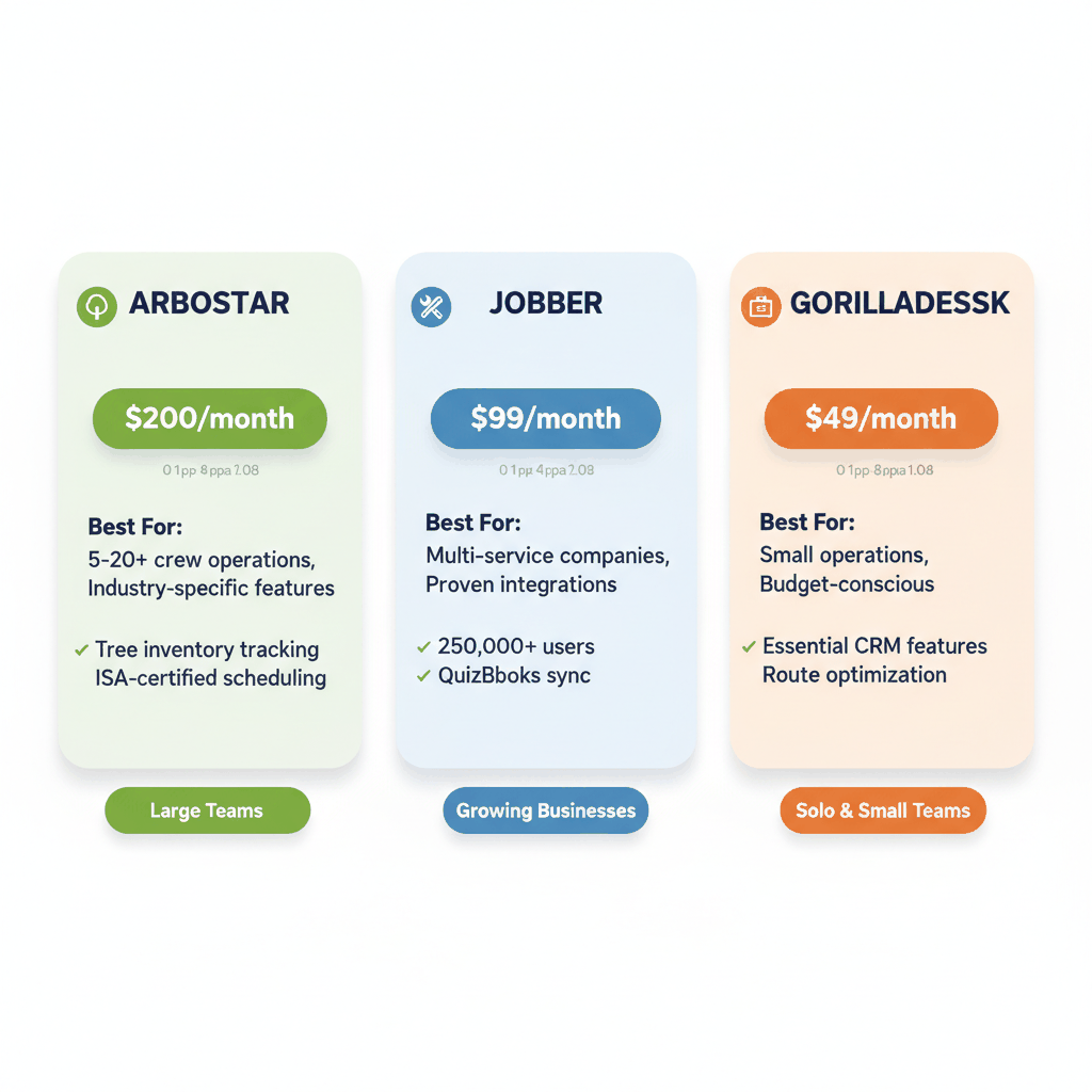 Tree service CRM platform comparison showing ArboStar, Jobber, and GorillaDesk pricing and features for different business sizes