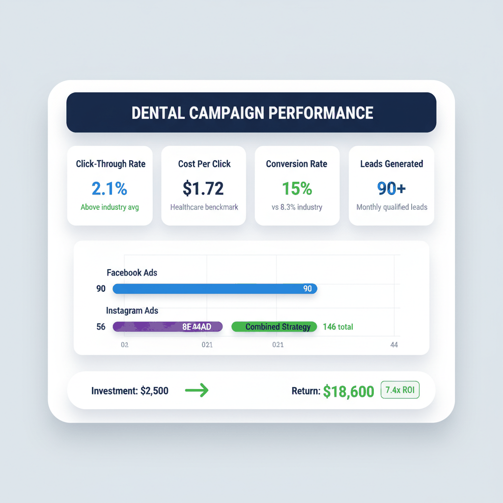 Dental practice social media advertising analytics dashboard showing click-through rates, conversion metrics, and ROI performance benchmarks